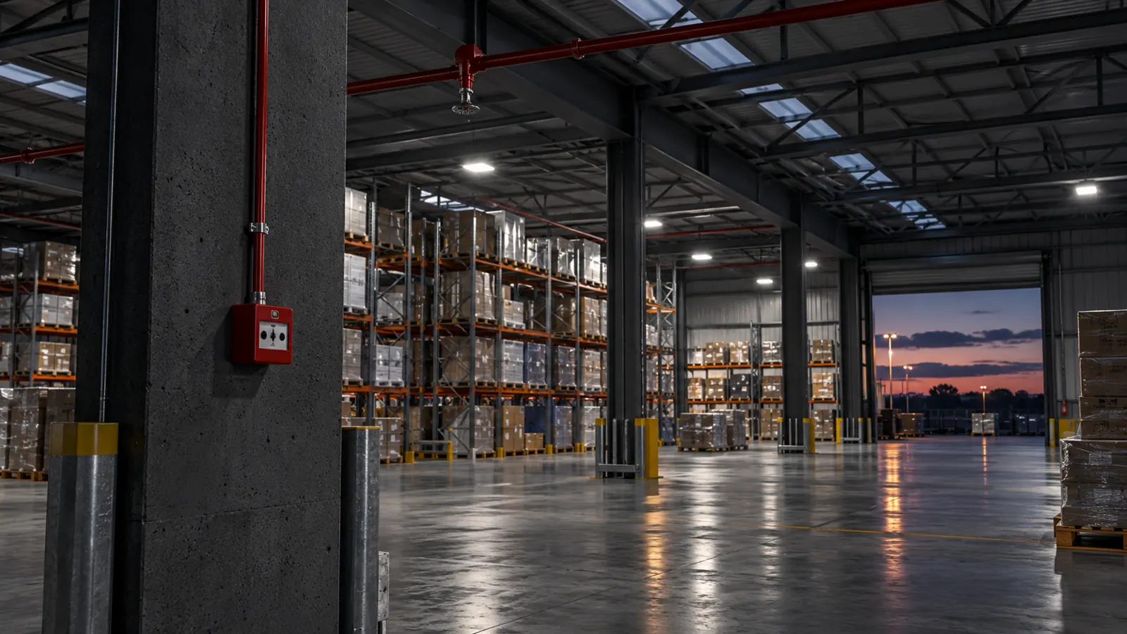 Steel roof structure, red sprinkler pipe and fire alarm call point in a commercial warehouse